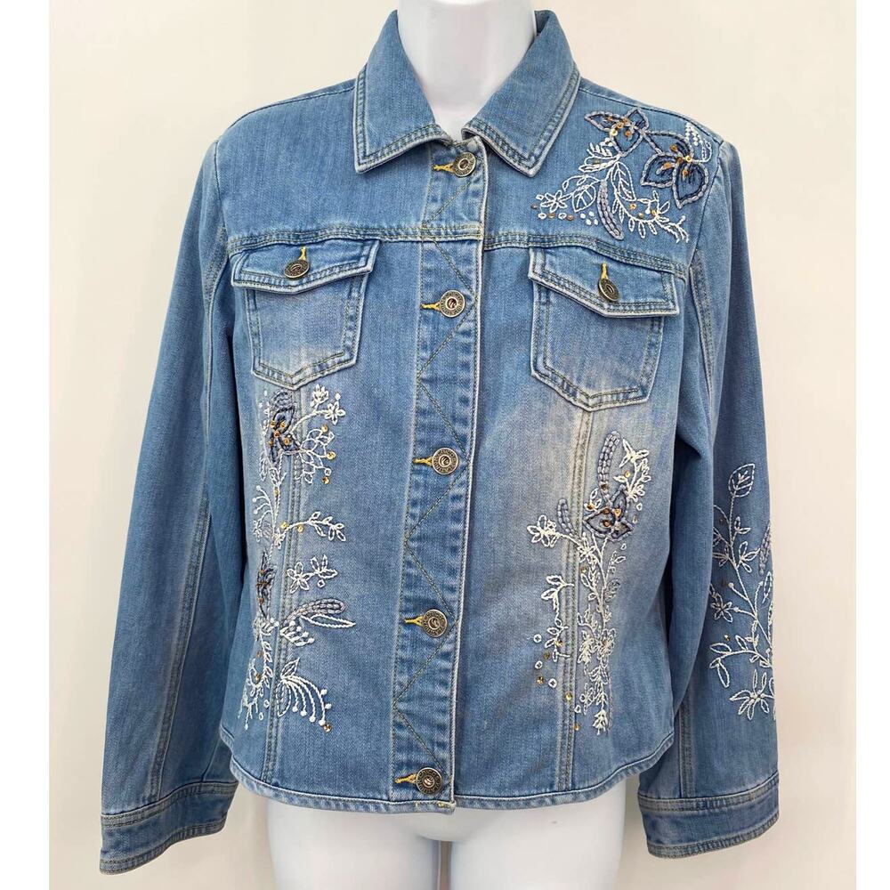 Chico's Thirty Unforgettable Years Denim Jacket Stretch Embellished Size 1 (M/8)